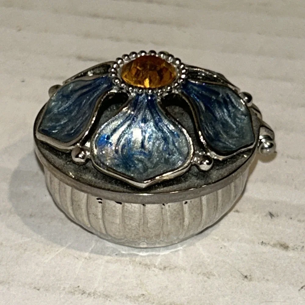 Jane Seymour Small Pill Box Trinket Enamel Blue Flower Yellow‎ Rhinestone